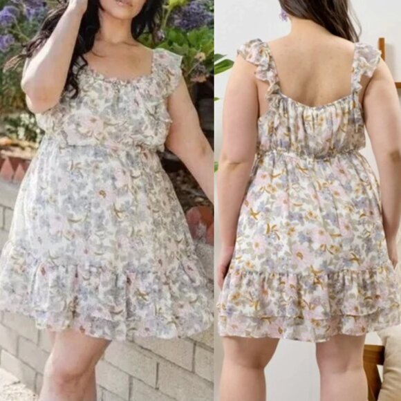 BLU PEPPER May Flowers Ruffled Dress Cream Ivory Etc Floral Cottagecore Babydoll - Picture 1 of 16